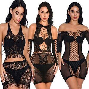 BUNDLE of Sexy Black Fishnet Dress Tops Camisole Babydoll Lingerie Chemise NWT